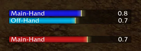 Three swing bars: a blue main hand and a cyan off hand bar for the player and a red main hand bar for the target, each with its time on the right.