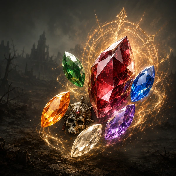 Red, green, blue, orange, purple and white gems in Diablo 4