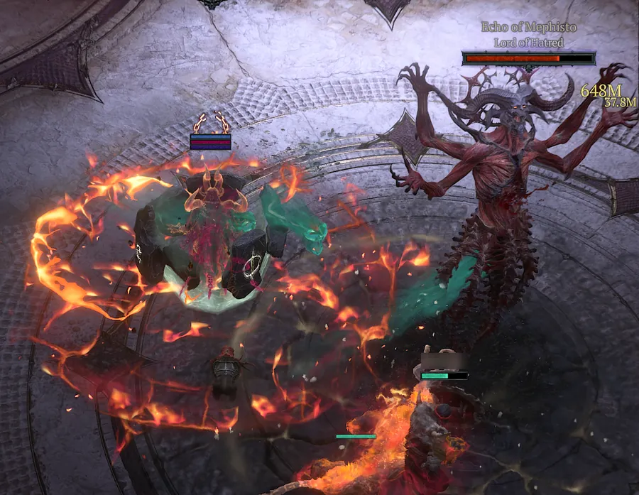 Echo of Mephisto in his True Form on Torment XII, a red skeletal demon with four clawed arms