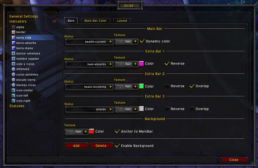 Grid2 bar indicator settings with a main health bar and extra bars for heal absorbs, incoming heals and shields