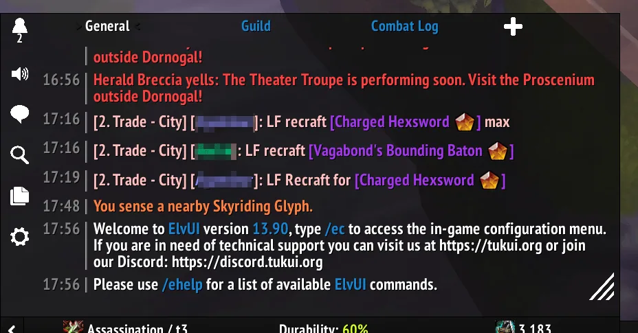 Chattynator chat frame in the ElvUI skin