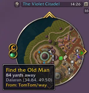 The minimap of Dalaran with a TomTom waypoint at its edge and a tooltip showing the distance.