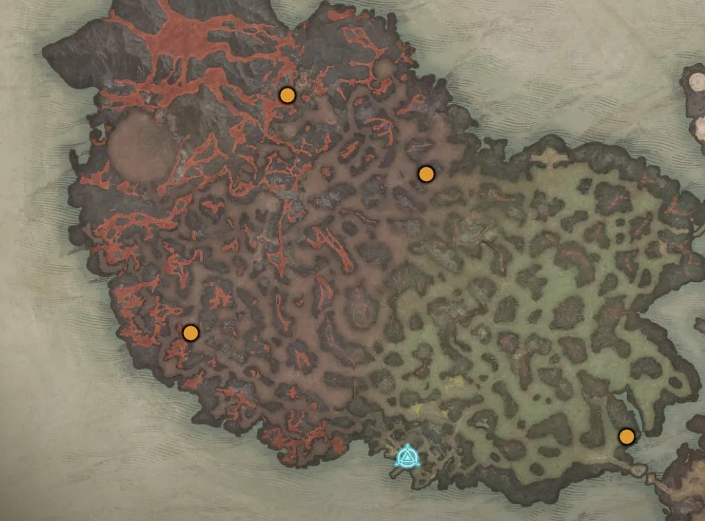 Map of Skartara in Skovos in Diablo 4 with four orange markers for the four rare golem elites
