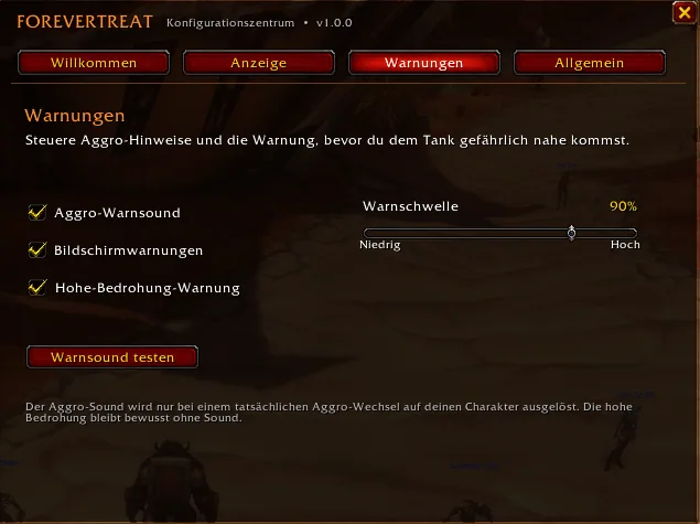 The Warnings tab with the aggro sound, on-screen warnings and high threat warning switches and a warning threshold slider