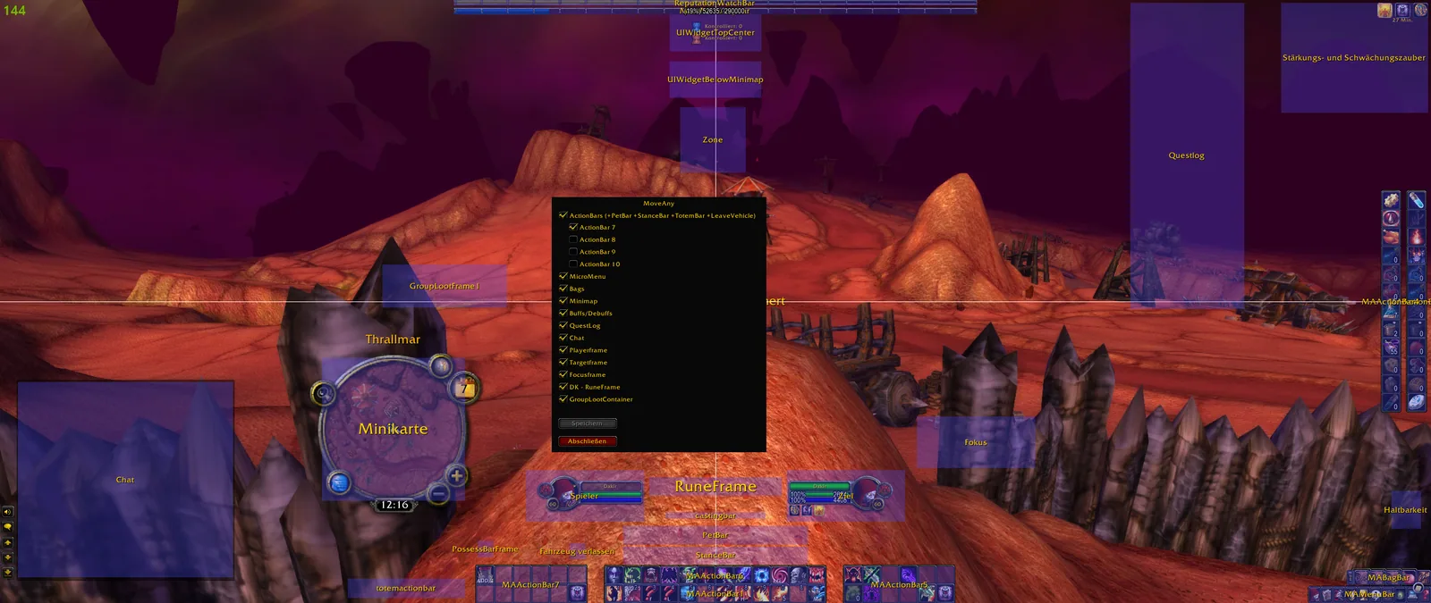 MoveAny's unlock view over the game screen with every movable element shaded and named, such as Minimap, Chat, Player, Target and the action bars, next to the element list.