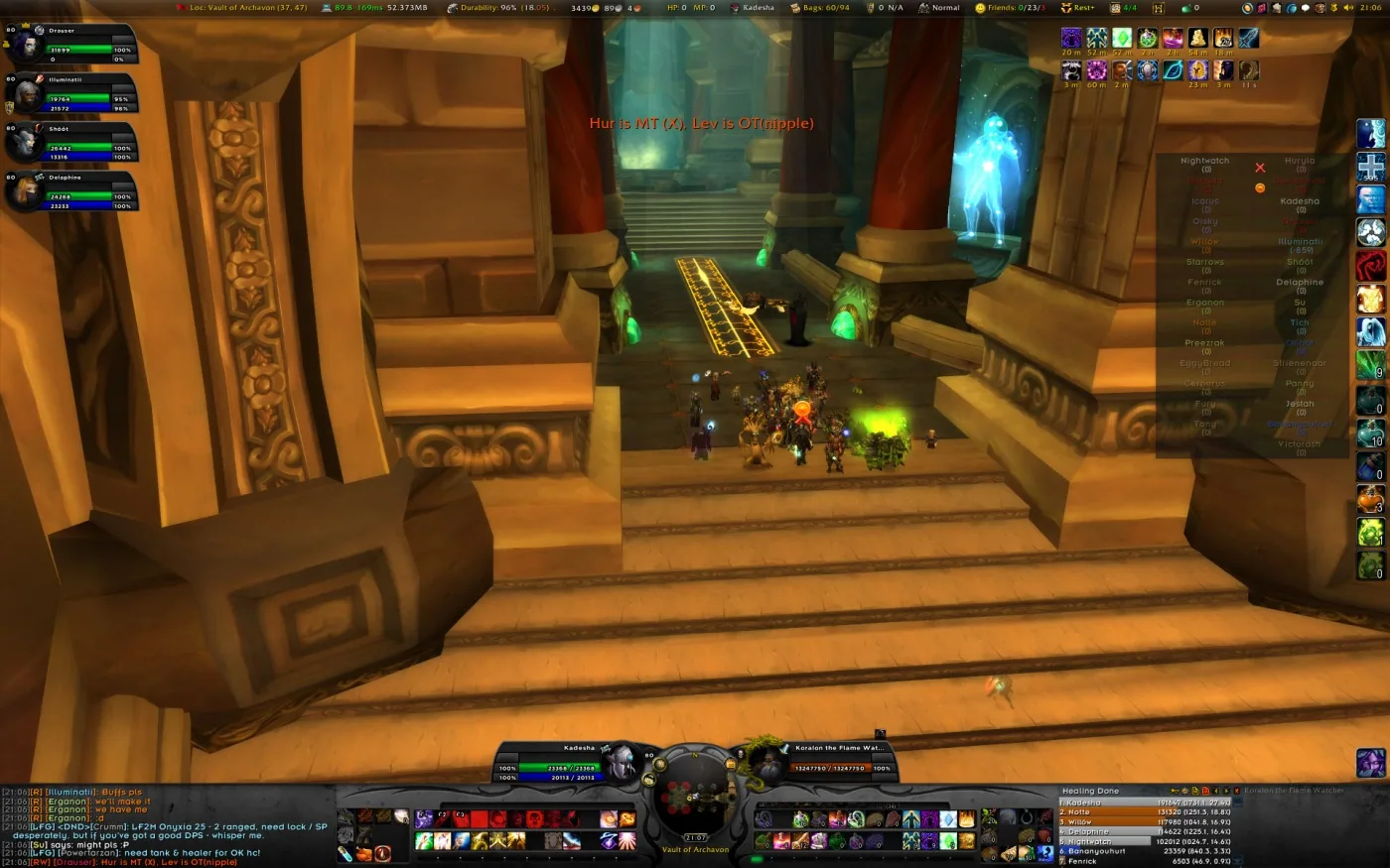 HealBot raid list on the right side of a SpartanUI screen, with the party frames on the left