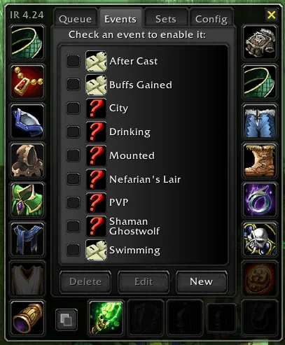 The Events tab listing automatic triggers such as Drinking, Mounted, PVP and Swimming, each with a checkbox
