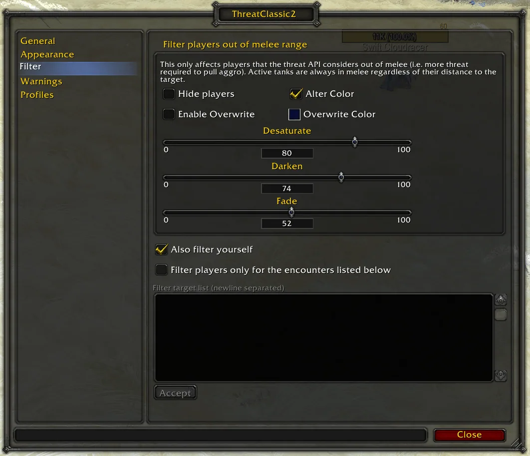 The Filter page for players out of melee range with hide, colour change, desaturate, darken and fade settings