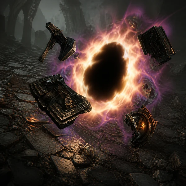 Fiery portal surrounded by floating armor pieces in Diablo 4