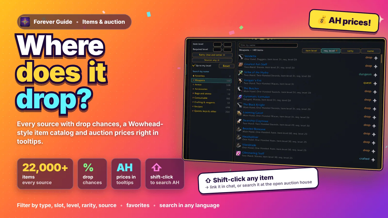 Promo graphic with the item catalog, a weapons list with item level, required level and source tags, and filters on the left.