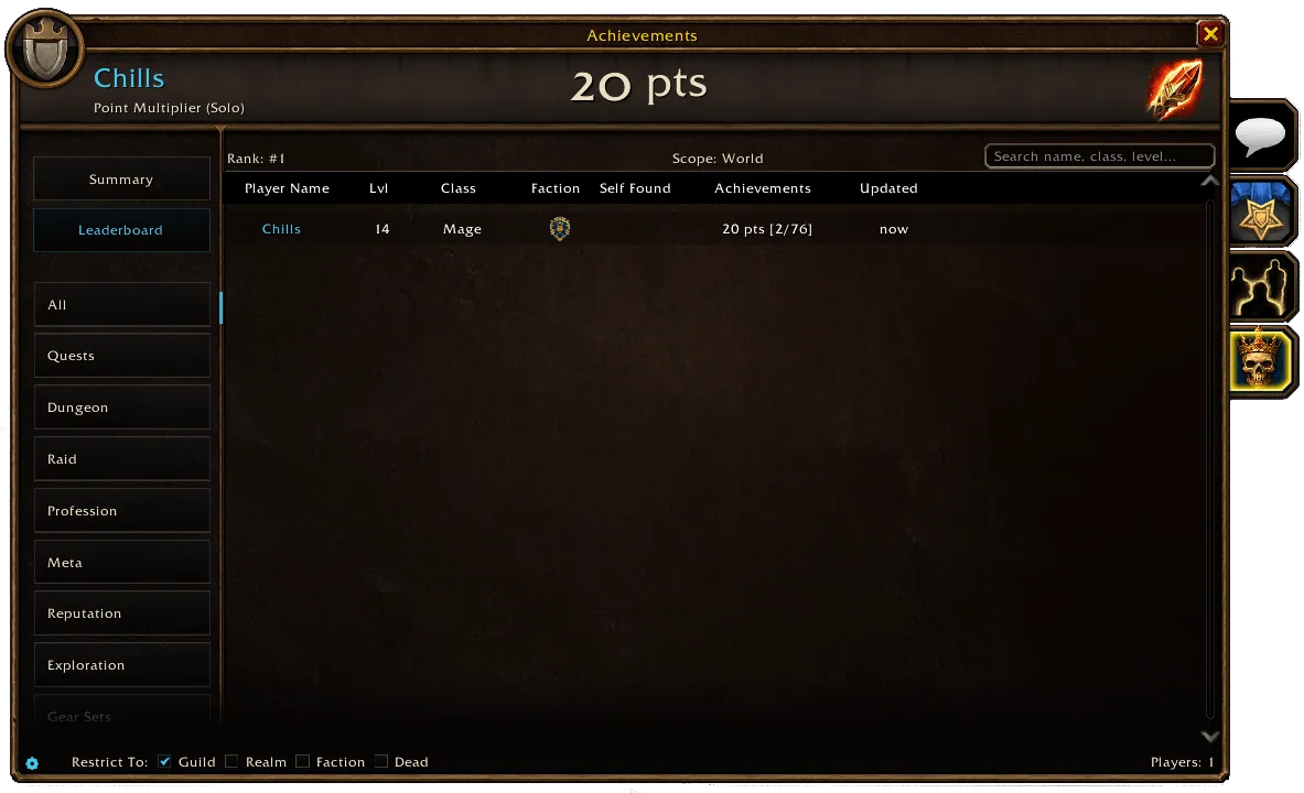 The leaderboard tab with a guild filter, listing name, level, class, faction and points