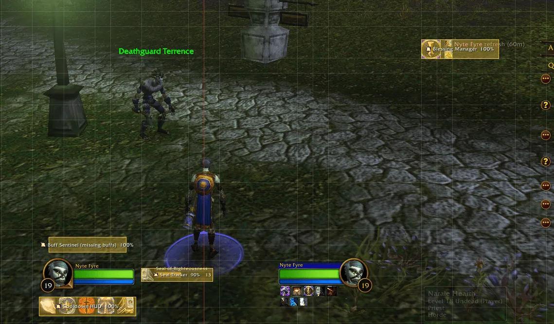 Paladin standing in a graveyard path with the toolkit frames shown in layout mode: Buff Sentinel, Seal Tracker, Cooldown HUD and Blessing Manager.