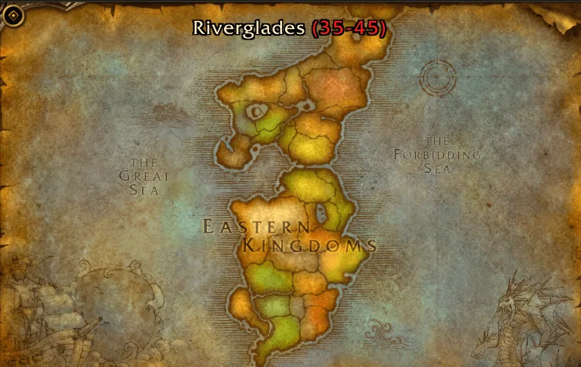 The World Map with the zone name Riverglades and its level range 35–45 in red above the Eastern Kingdoms.