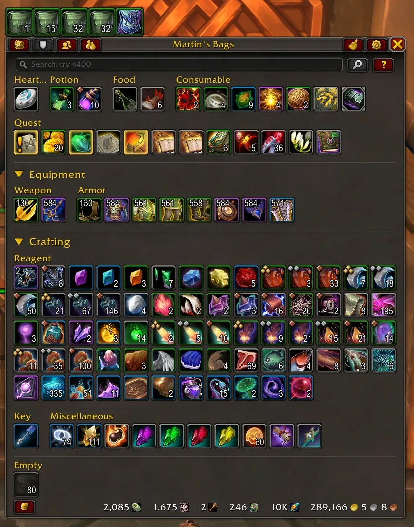 Baganator default category layout with sections for consumables, quest items, gear and reagents