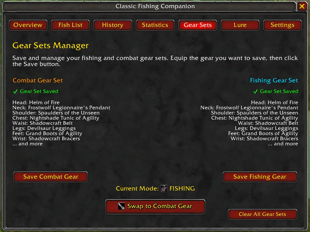 The Gear Sets tab with a combat set and a fishing set, save buttons and a swap button