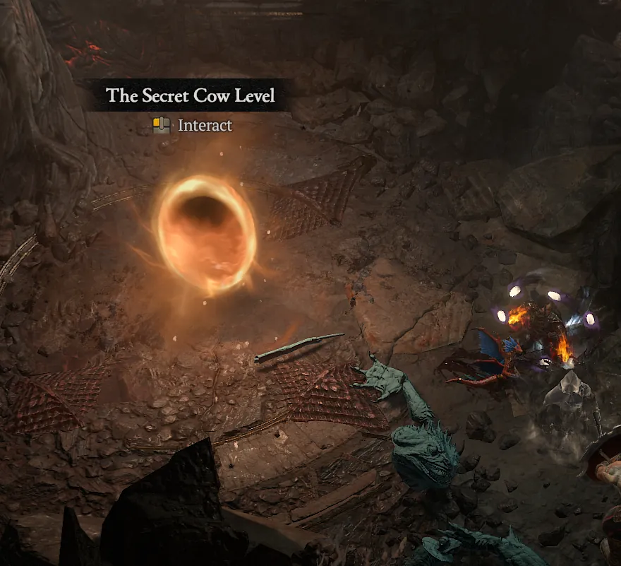 A glowing golden portal in a dark rocky nook in Diablo 4, labelled The Secret Cow Level with an Interact prompt