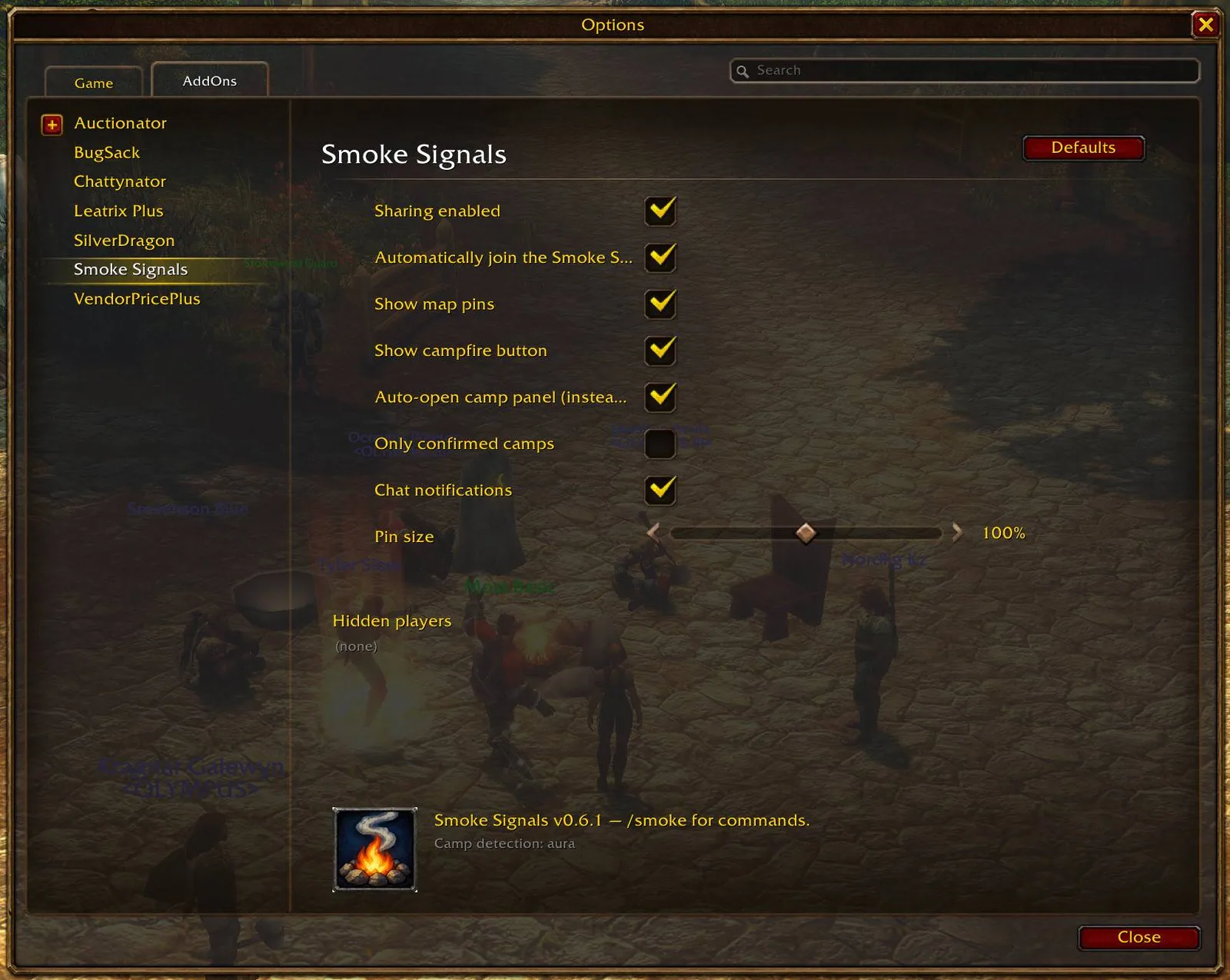 The Smoke Signals settings page in the AddOns options with checkboxes for sharing, map pins and the campfire button