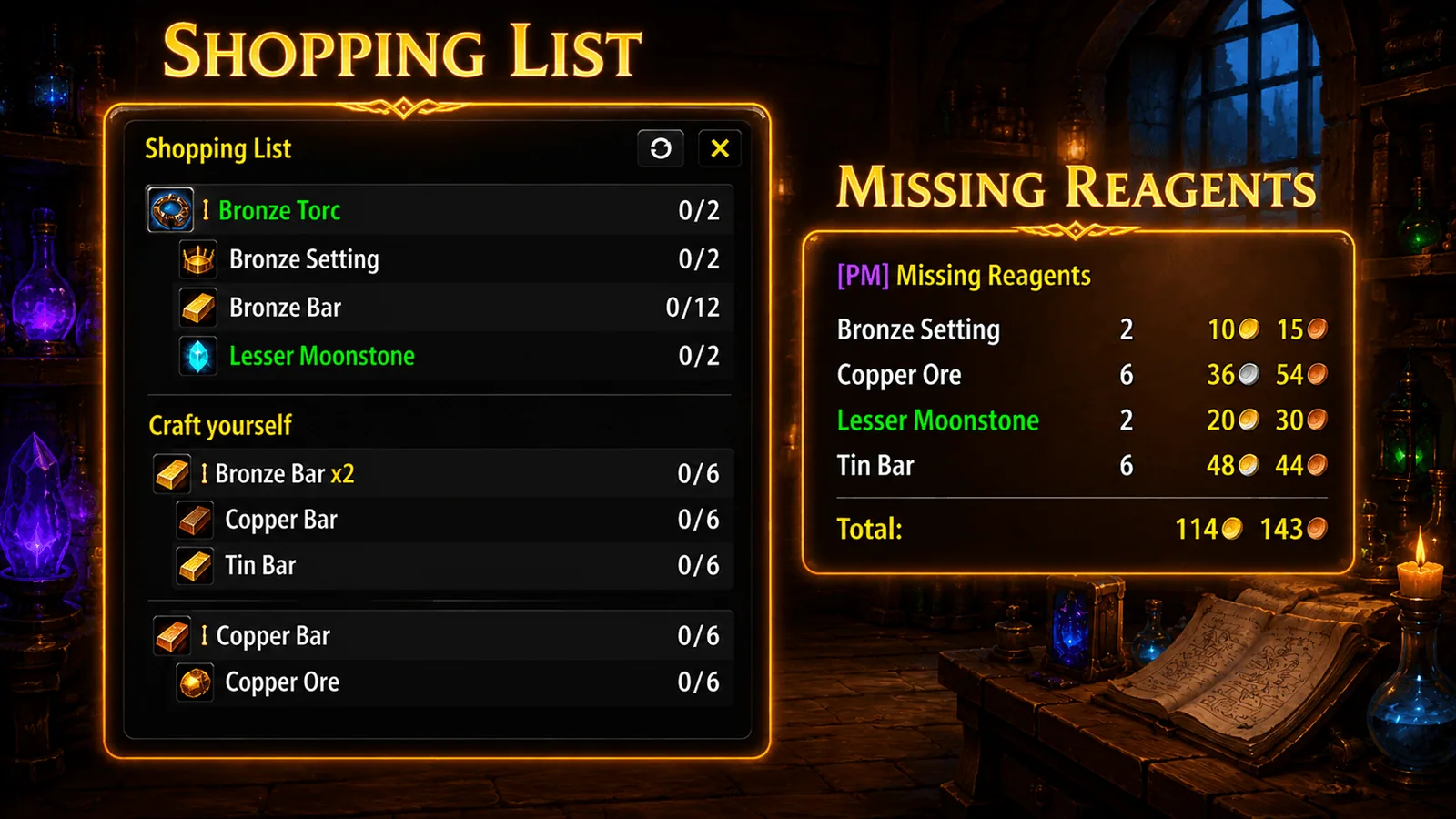 Shopping list with crafting steps and a small missing reagents window showing what is still needed and its price