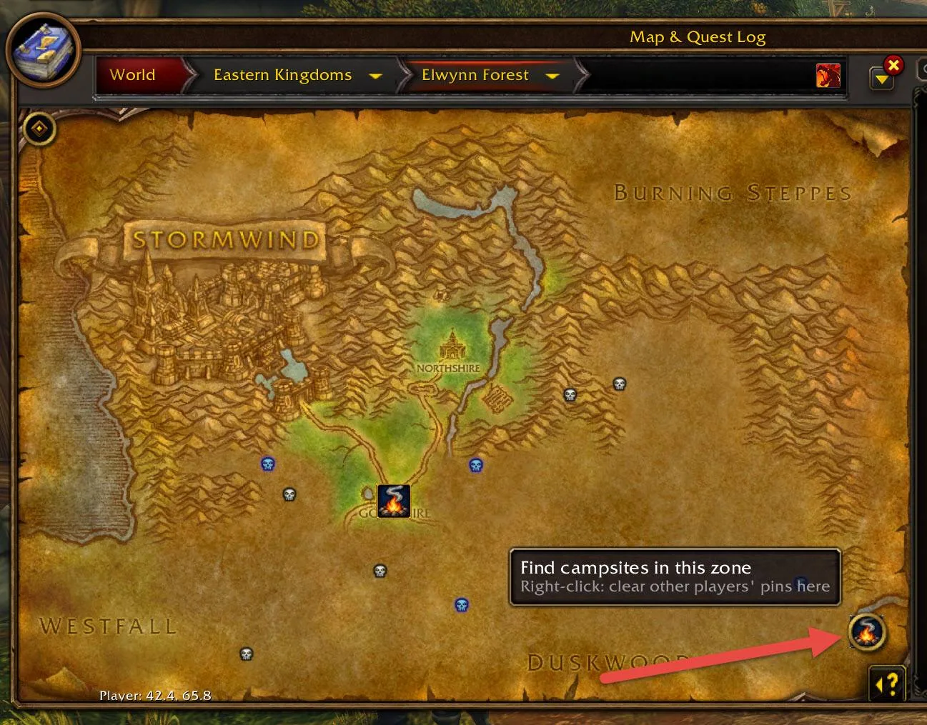 World map with the round Smoke Signals button at the bottom right that finds campsites in the zone