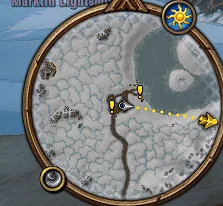 The minimap with dotted guidance toward a quest marker.