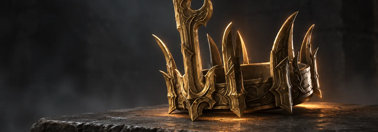 Leoric's Crown, a spiked dark gold Unique helm, glowing on a stone altar in a dark lair in Diablo 4