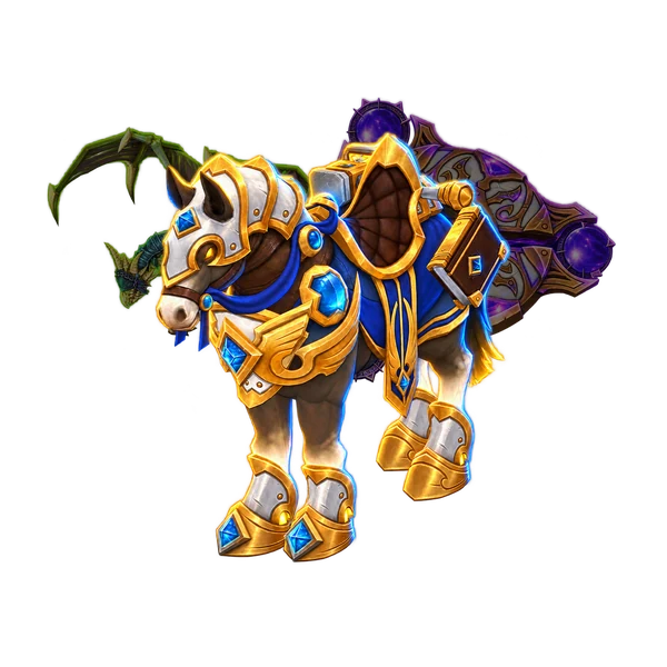 World of Warcraft mounts: Highlord's Golden Charger, Deathlord's Vilebrood Vanquisher, Archmage's Prismatic Disc.