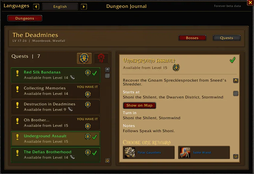 Quest list of The Deadmines with the quest Underground Assault opened, showing where it starts, the turn-in NPC, a Show on Map button and the reward choice.