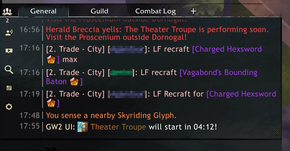 Chattynator chat frame in the GW2 skin