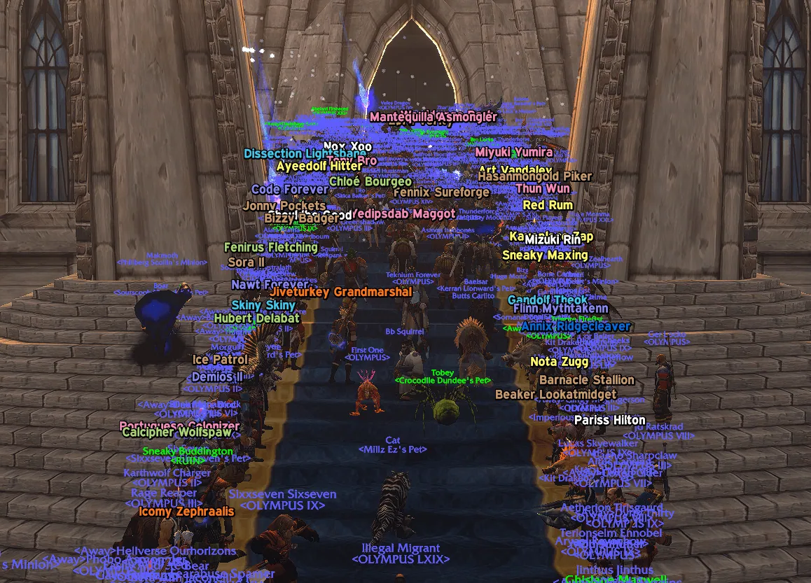 A crowd of players with OLYMPUS guild tags on the steps of a cathedral, the kind of scene the addon filters