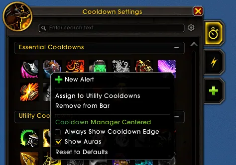 Right-click menu on a Cooldown Manager icon with the addon's options: Always Show Cooldown Edge, Show Auras and Reset to Defaults.