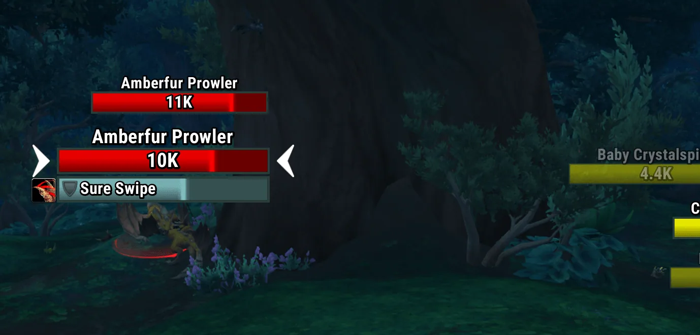 Two red nameplates of an Amberfur Prowler in the default style with health numbers, one targeted with white arrows and a castbar.