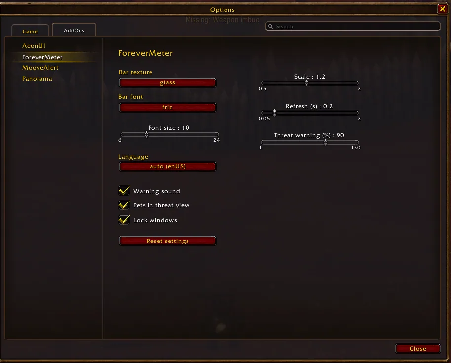 The Forever Meter options page with bar texture, font, scale, refresh rate and threat warning settings