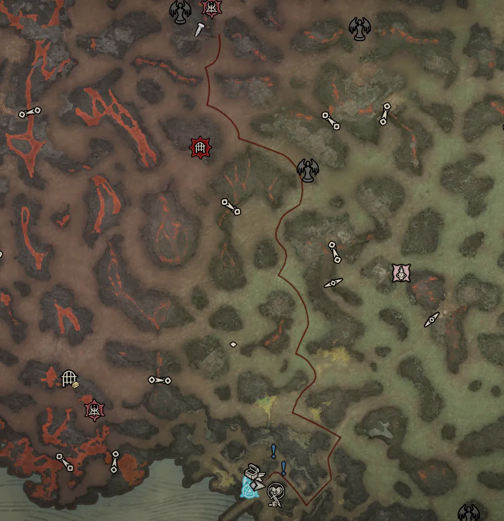 Diablo 4 map of Skartara with a dark red line from a waypoint at the bottom north to a pin beside temple icons