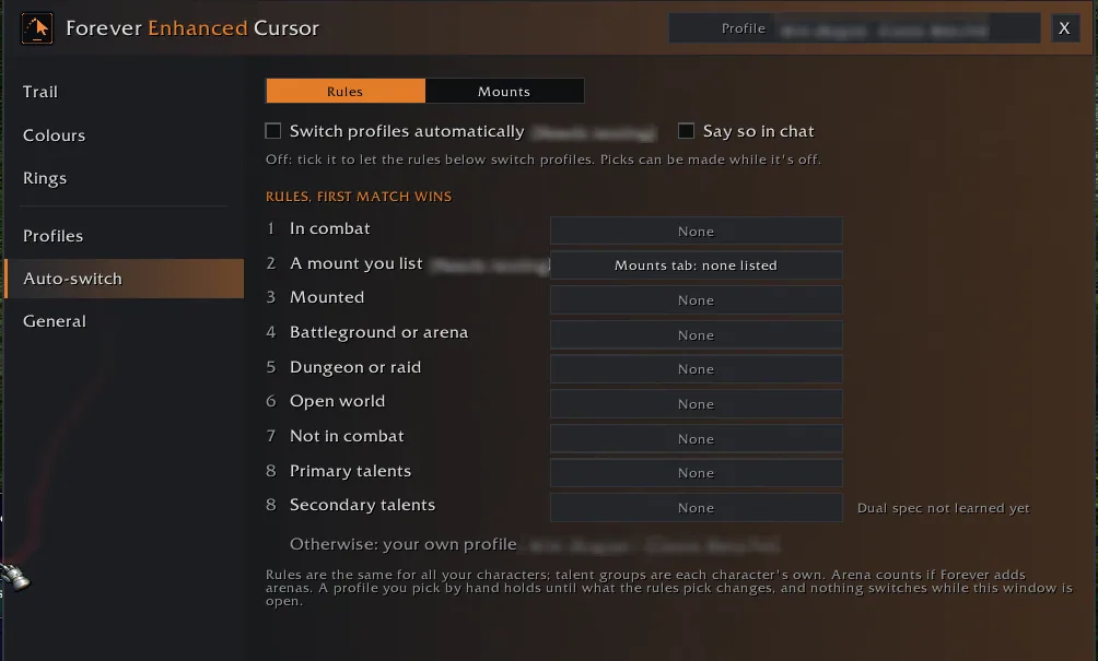 The Auto-switch page with rules for in combat, mounted, battleground or arena, dungeon or raid, open world and talent groups.
