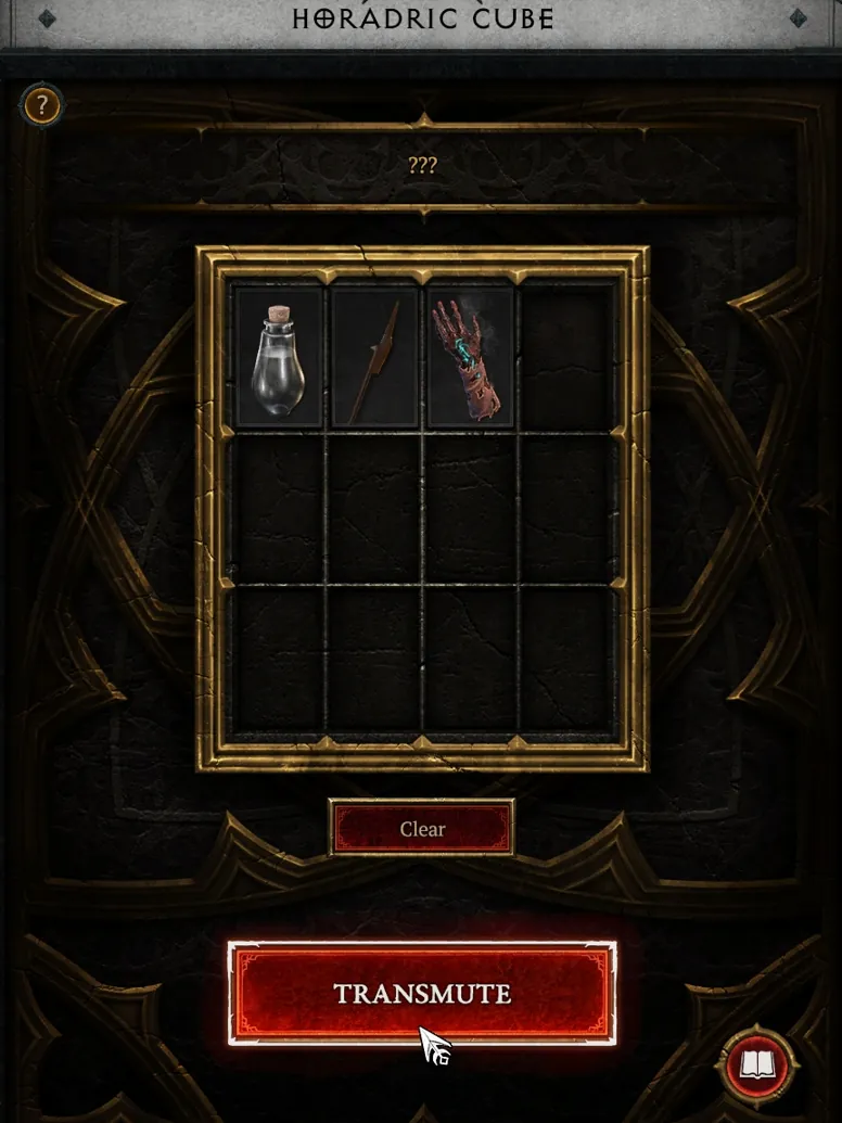 Horadric Cube window in Diablo 4 with a potion, a polearm and a hand in the top row, the recipe shown as ??? and a Transmute button