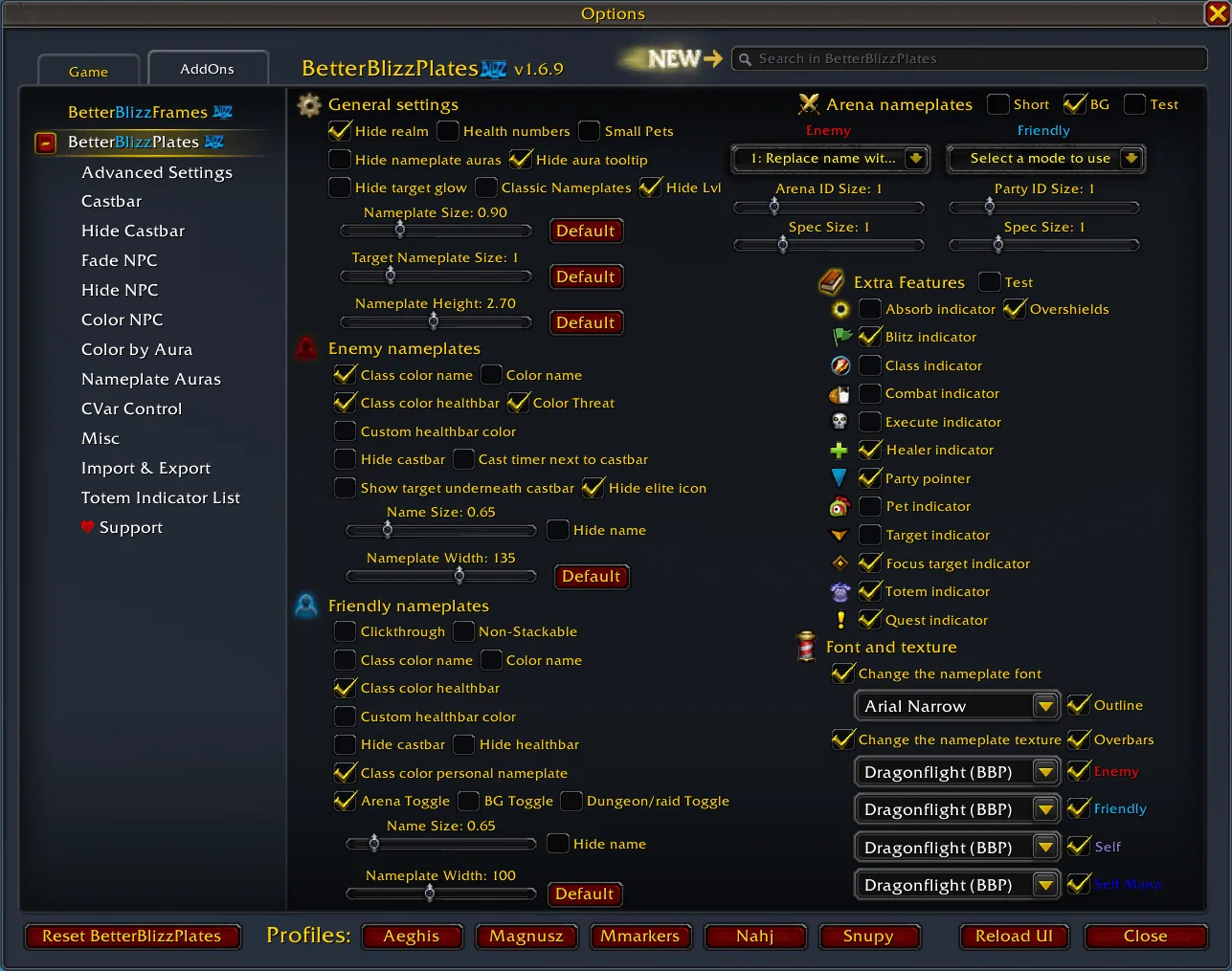 The BetterBlizzPlates options window with general, enemy and friendly nameplate settings, the extra feature toggles and the profile buttons at the bottom.