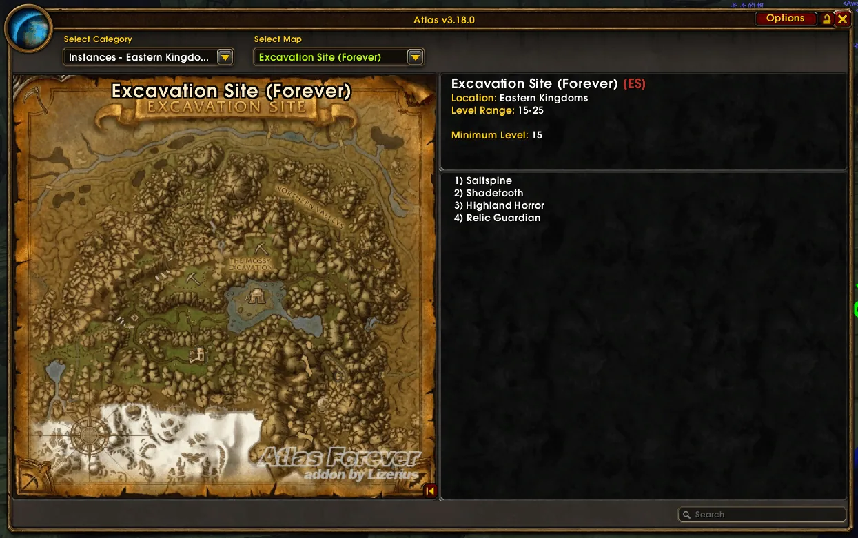 The Atlas window showing the map of Excavation Site with four bosses listed on the right