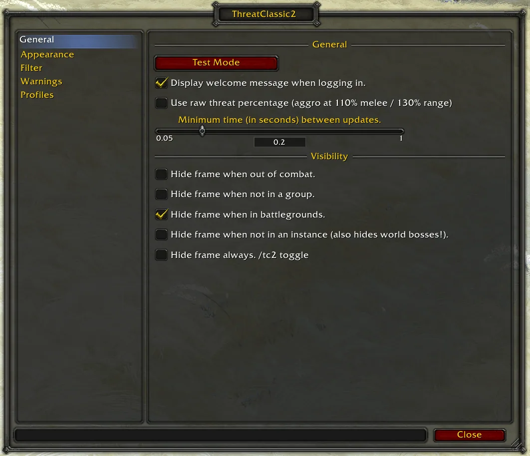 The General options page with a Test Mode button, the raw threat percentage switch and the frame visibility checkboxes