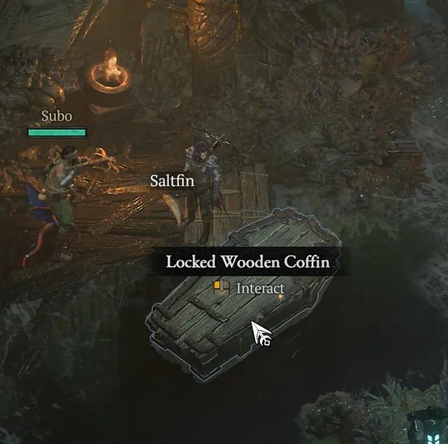Locked Wooden Coffin in dark water next to wooden planks in Diablo 4, with an Interact prompt