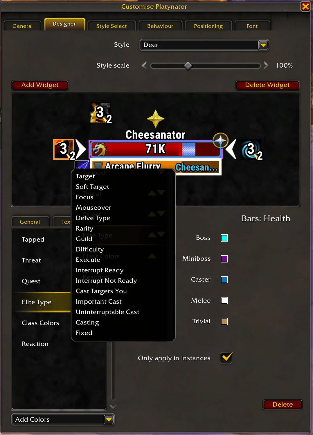 The automatic coloring settings with a list of rules such as threat, quest, elite type and interrupt ready, and color choices for boss, miniboss, caster and melee.
