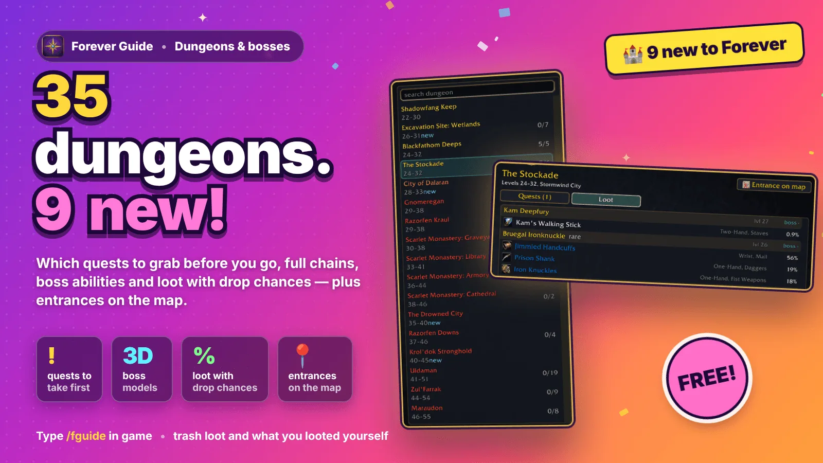 Promo graphic with the dungeon list on the left and The Stockade open on the right, showing a boss and rare with their loot and drop chances.