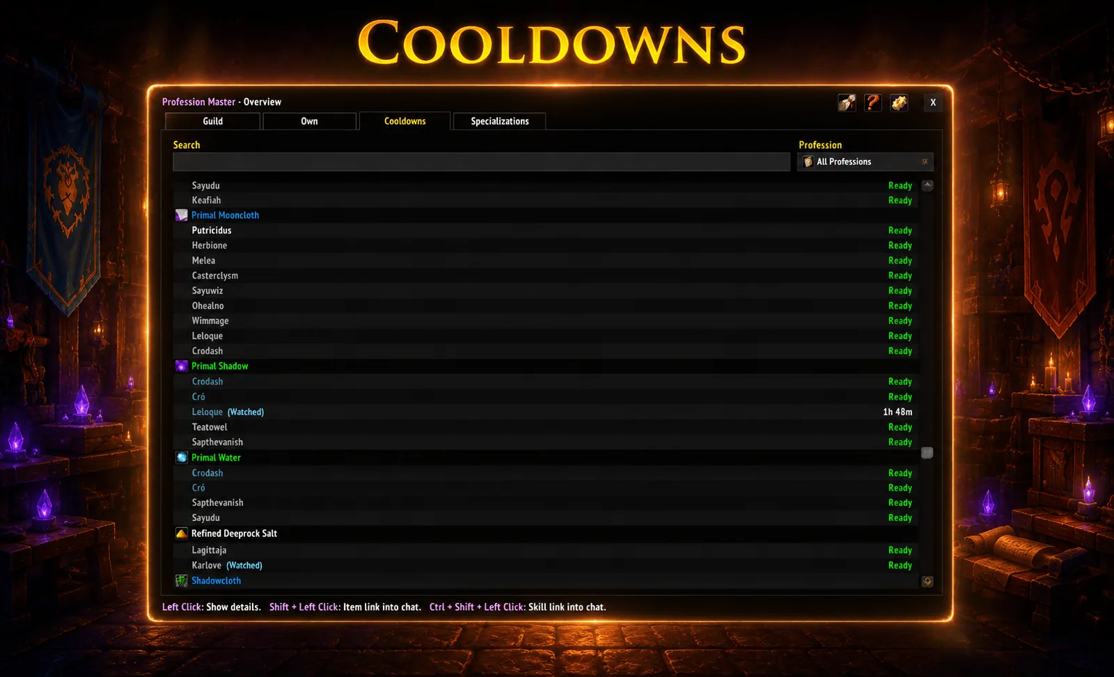Cooldowns tab listing guild members and whether their profession cooldown is ready
