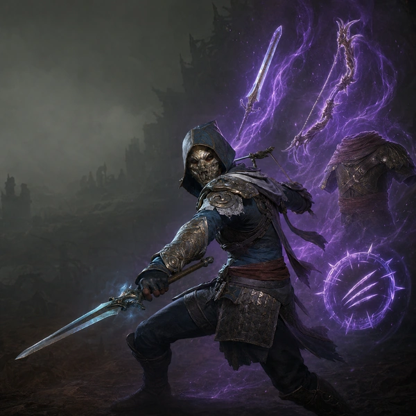 Hooded Rogue with blades and purple skill effects in Diablo 4