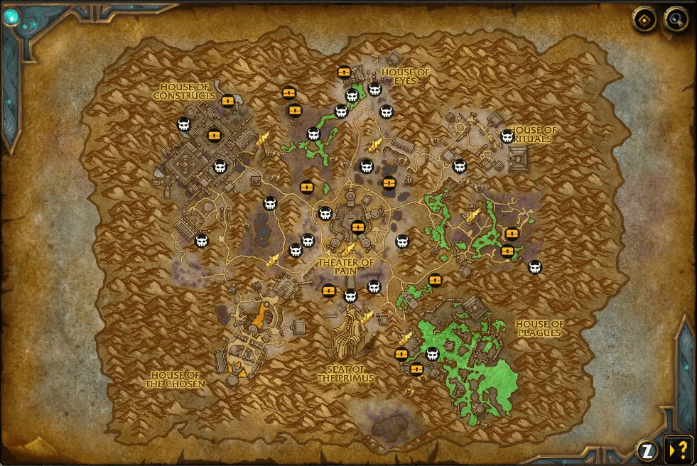 A zone map with points of interest drawn on it as treasure chests and skull markers that can be added to the guide