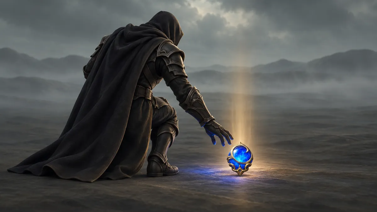 A hero kneels on an empty battlefield and reaches for the blue Annihilus seal glowing on the ground