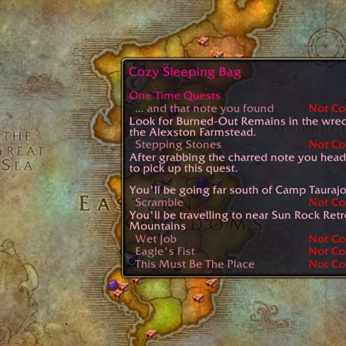 A Cozy Sleeping Bag quest chain tooltip with each quest, its completion state and where to go
