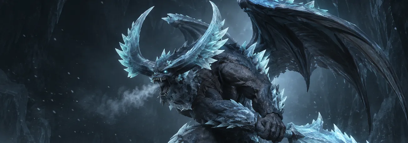 Die Bestie im Eis, ein geflügelter Eisdämon mit Kristallhörnern, holt in Diablo 4 in ihrem eisigen Unterschlupf mit ihrer Eisklinge aus