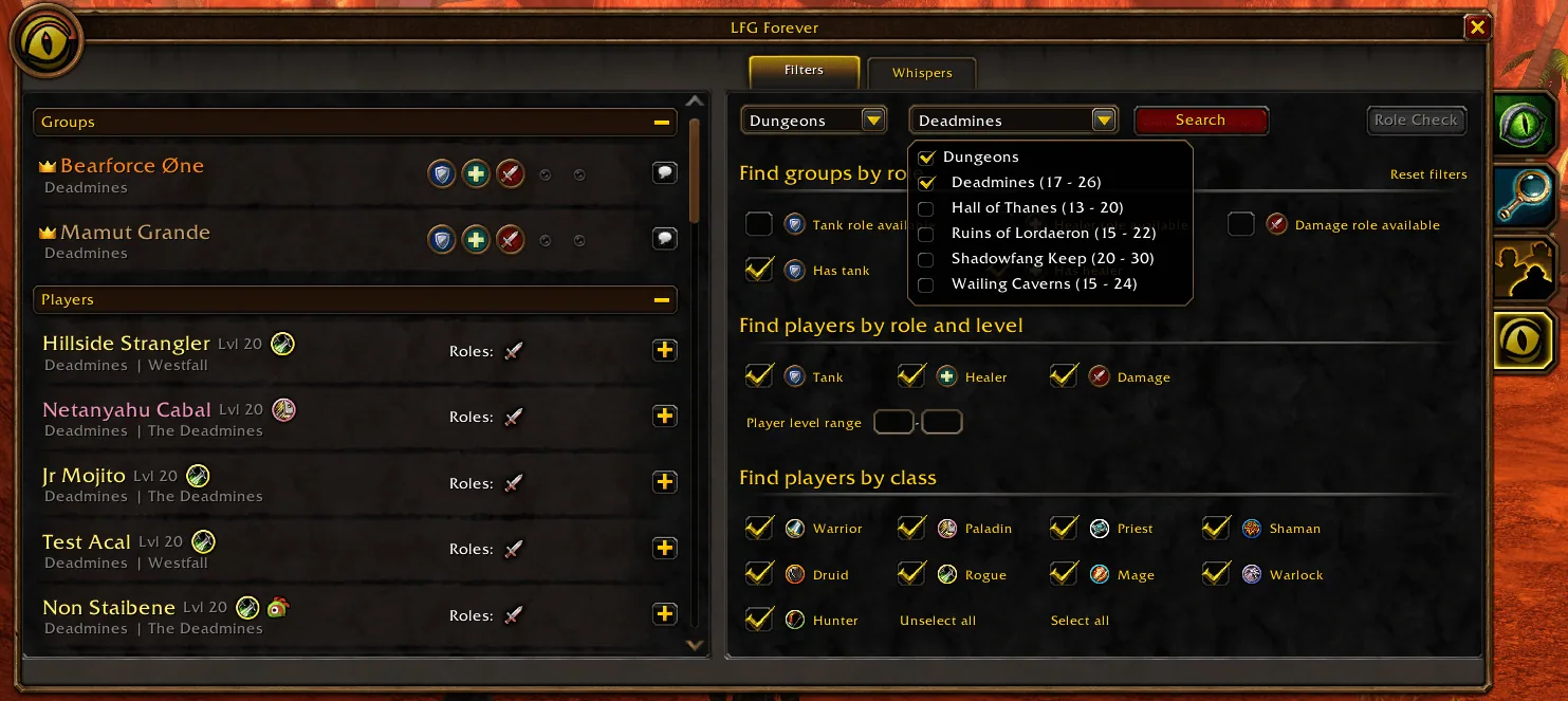 LFG Forever activity dropdown listing the five dungeons with their level ranges, such as Deadmines (17 - 26)