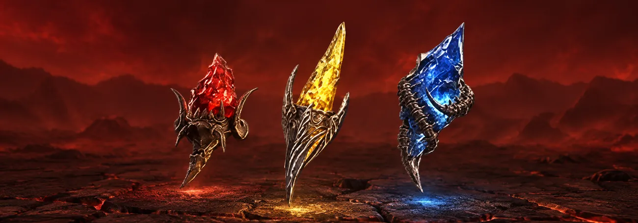 Splinters of Terror, Destruction and Hatred glowing red, gold and blue over cracked Helltide ground