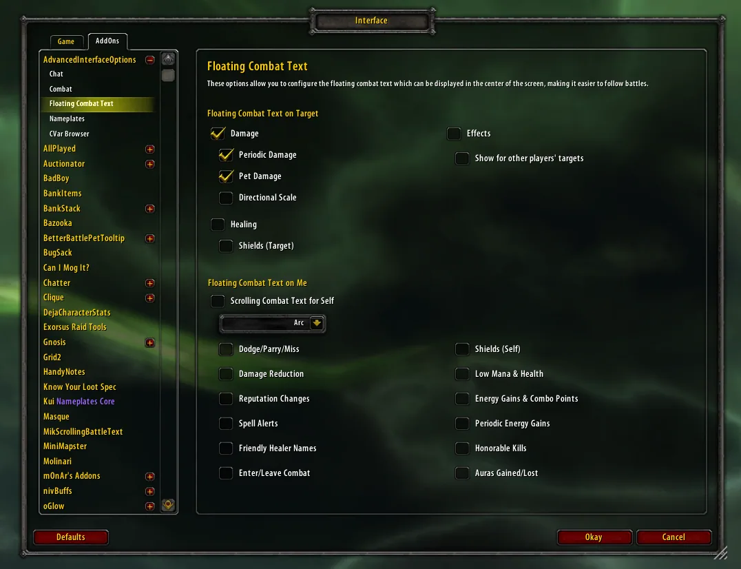 The Floating Combat Text panel with checkboxes for damage, healing, shields and effects on the target and for dodges, honor and auras on yourself.
